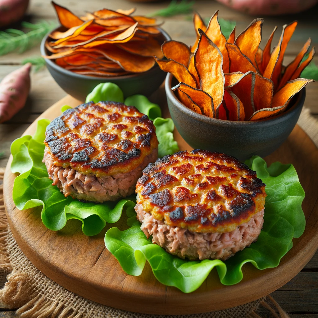Tuna Burger with sweet potato chips 